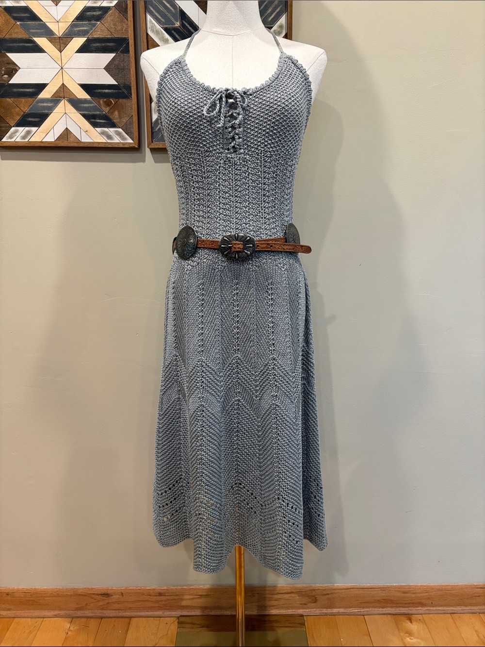 Vintage Ralph Lauren Y2K Hand Knit Linen Cotton Halter Neck Dress size Small